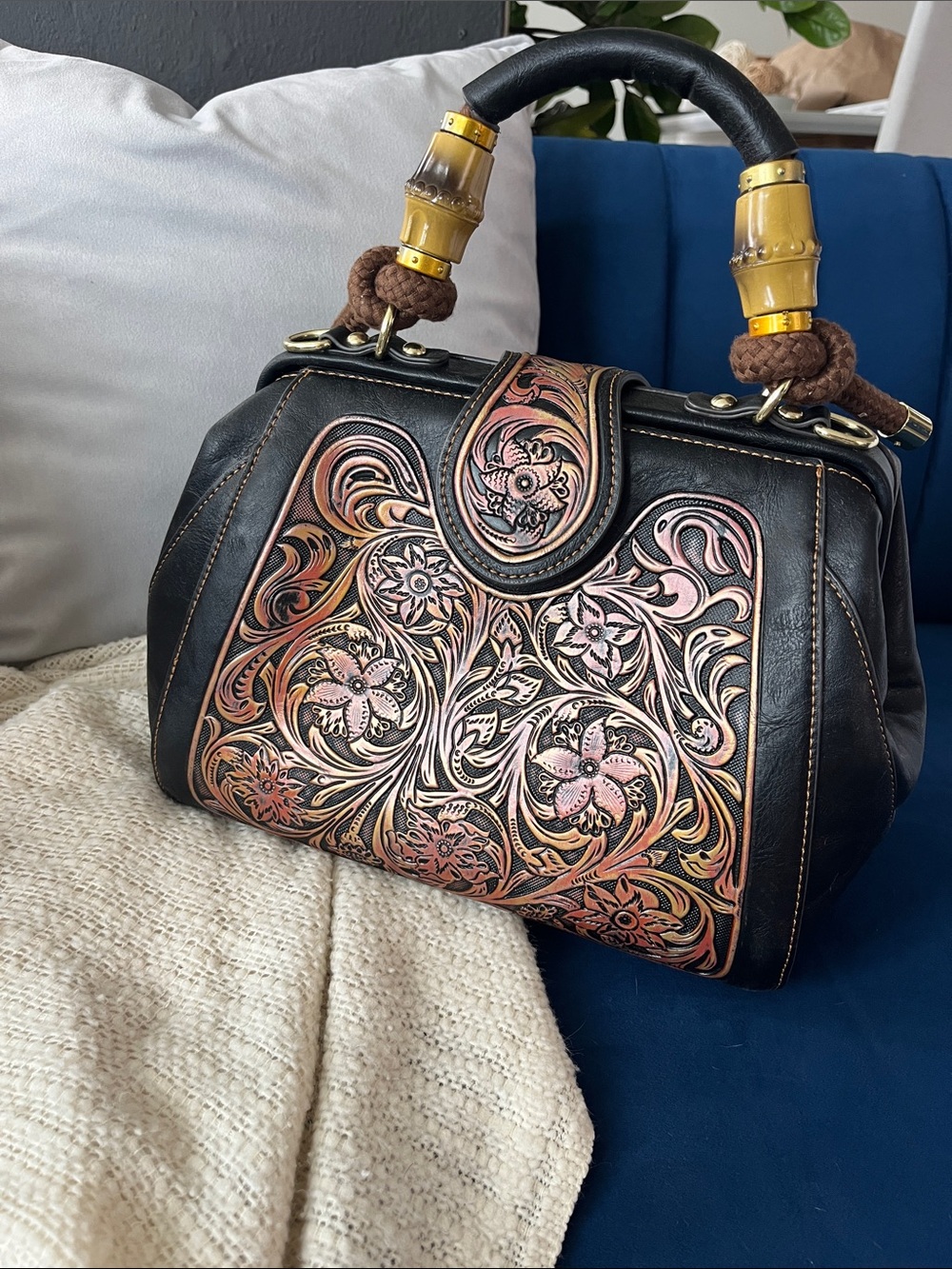 Women's Embossed Floral Faux Leather Satchel Bag - Black with Copper Accents